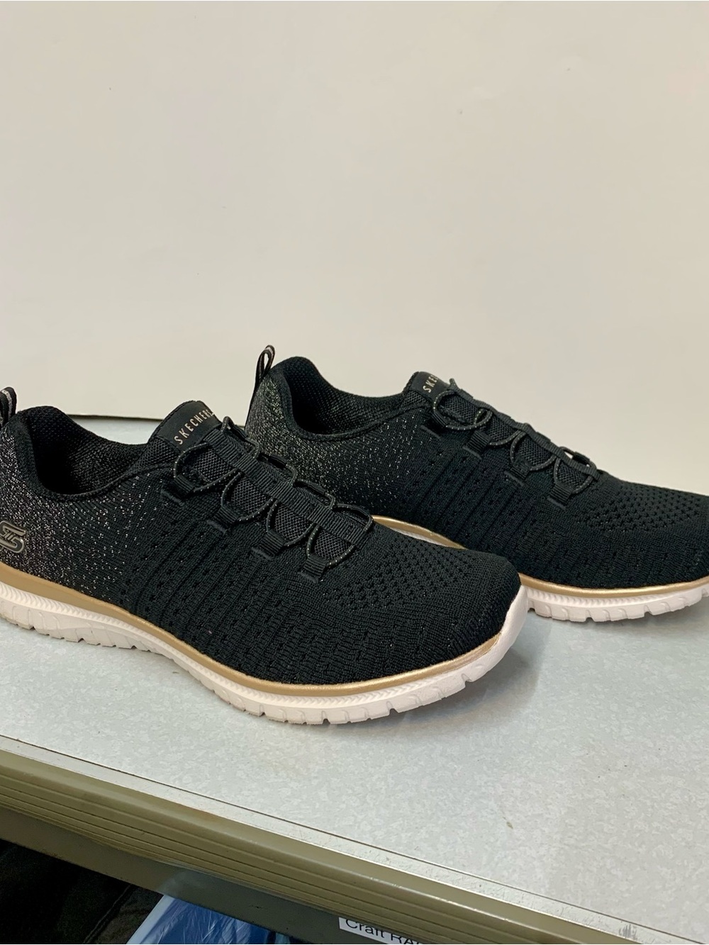Skechers Virtue - Lucent Black Rose Gold Slip-On Sneakers - Size 8